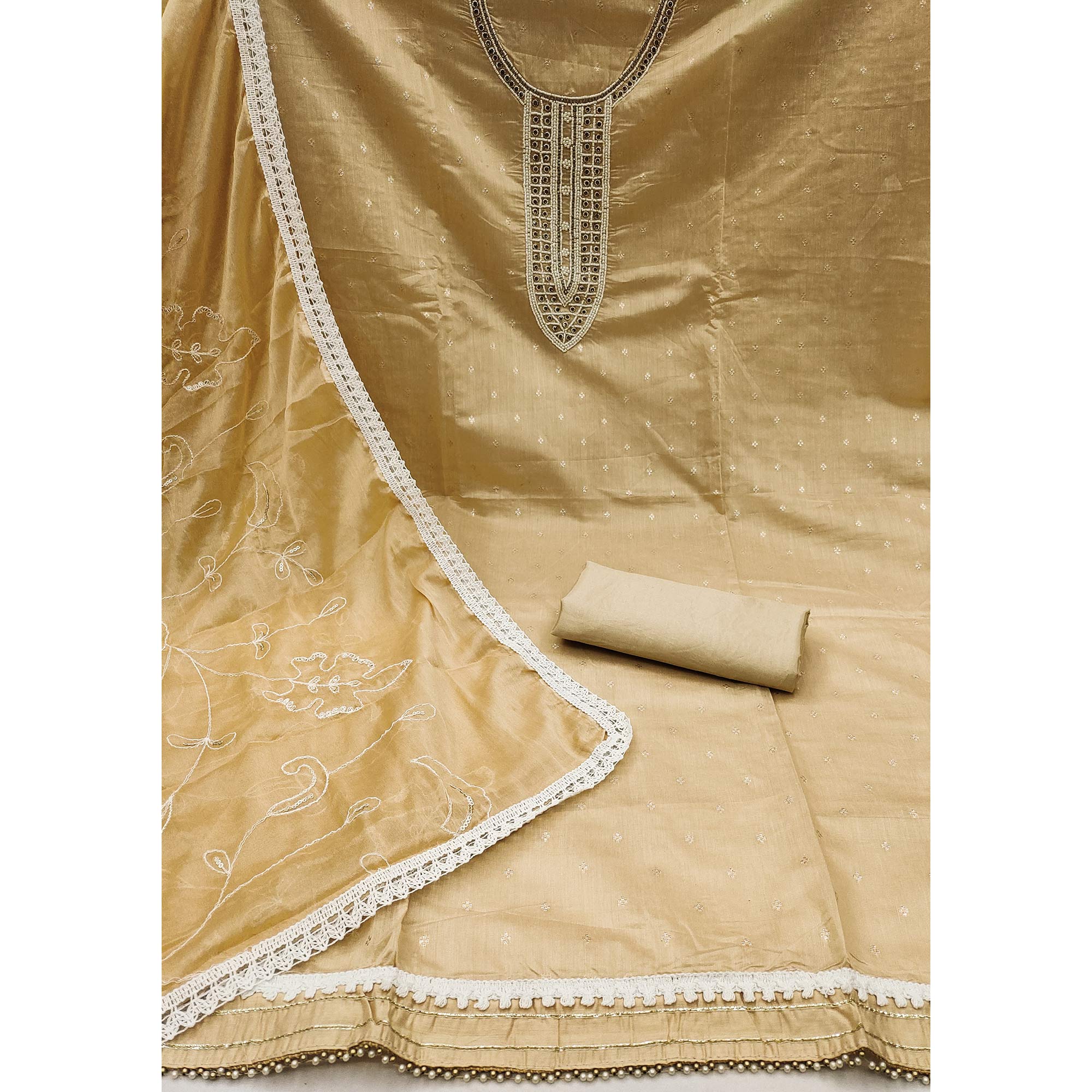 Chikoo Woven With Moti Handwork Chanderi Silk Dress Material