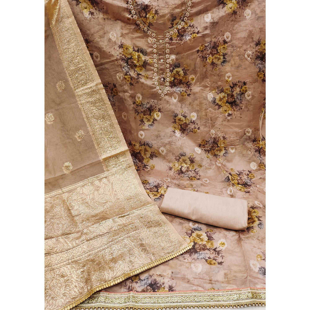 Brown Floral Digital Printed With Handwork Organza Dress Material