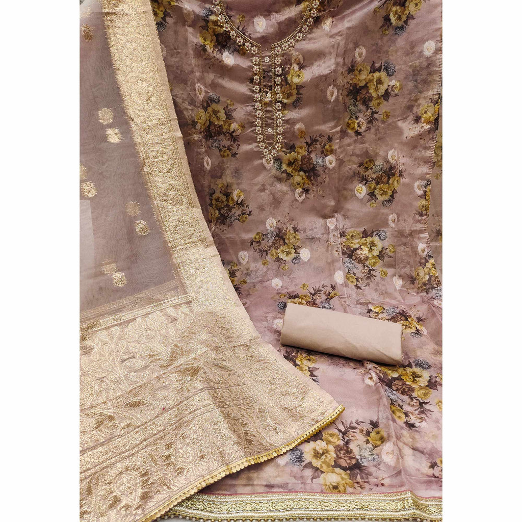Mauve Floral Digital Printed With Handwork Organza Dress Material