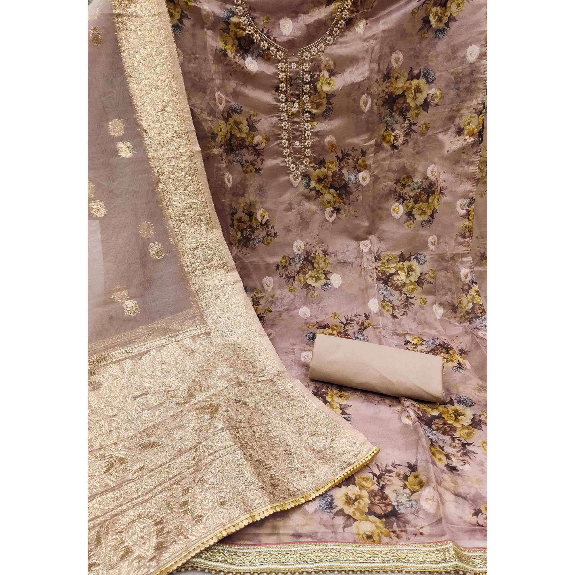 Mauve Floral Digital Printed With Handwork Organza Dress Material