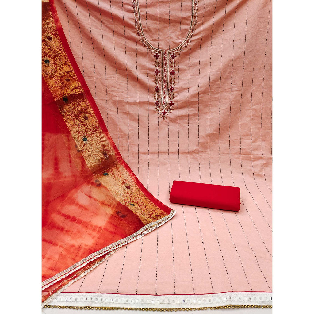 Peach Embroidered With Handwork Cotton Blend Dress Material