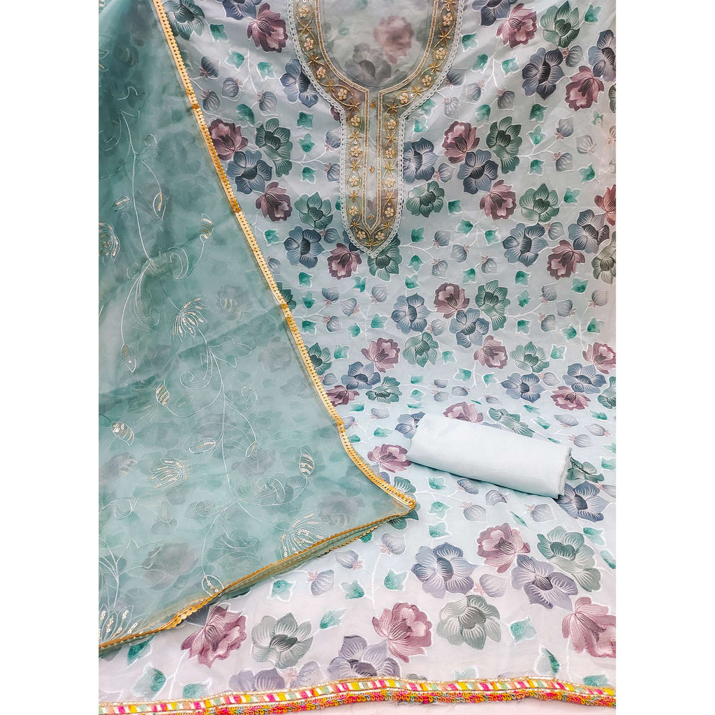 Blue Floral Embroidered With Printed Organza Dress Material