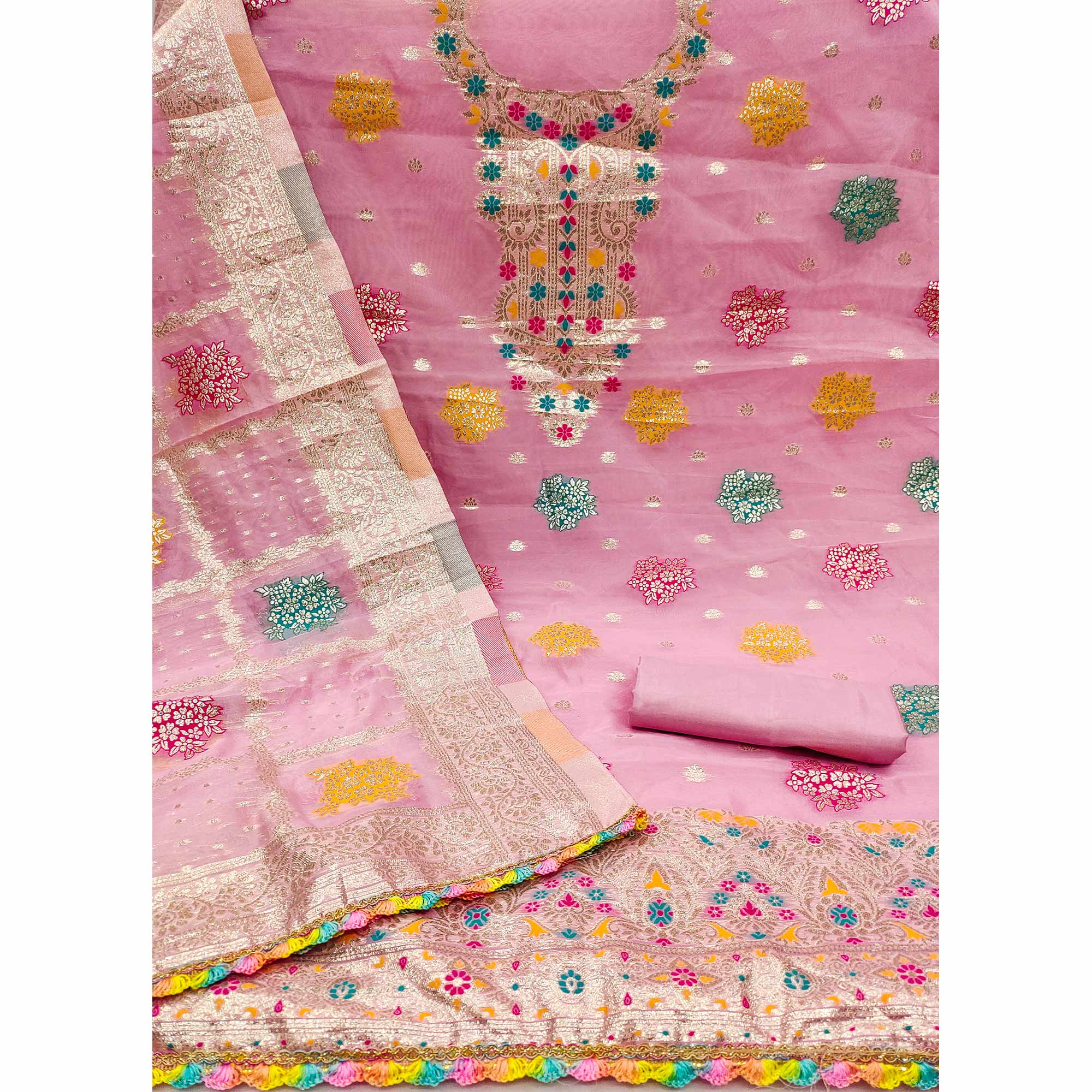 Pink Floral Woven Organza Dress Material