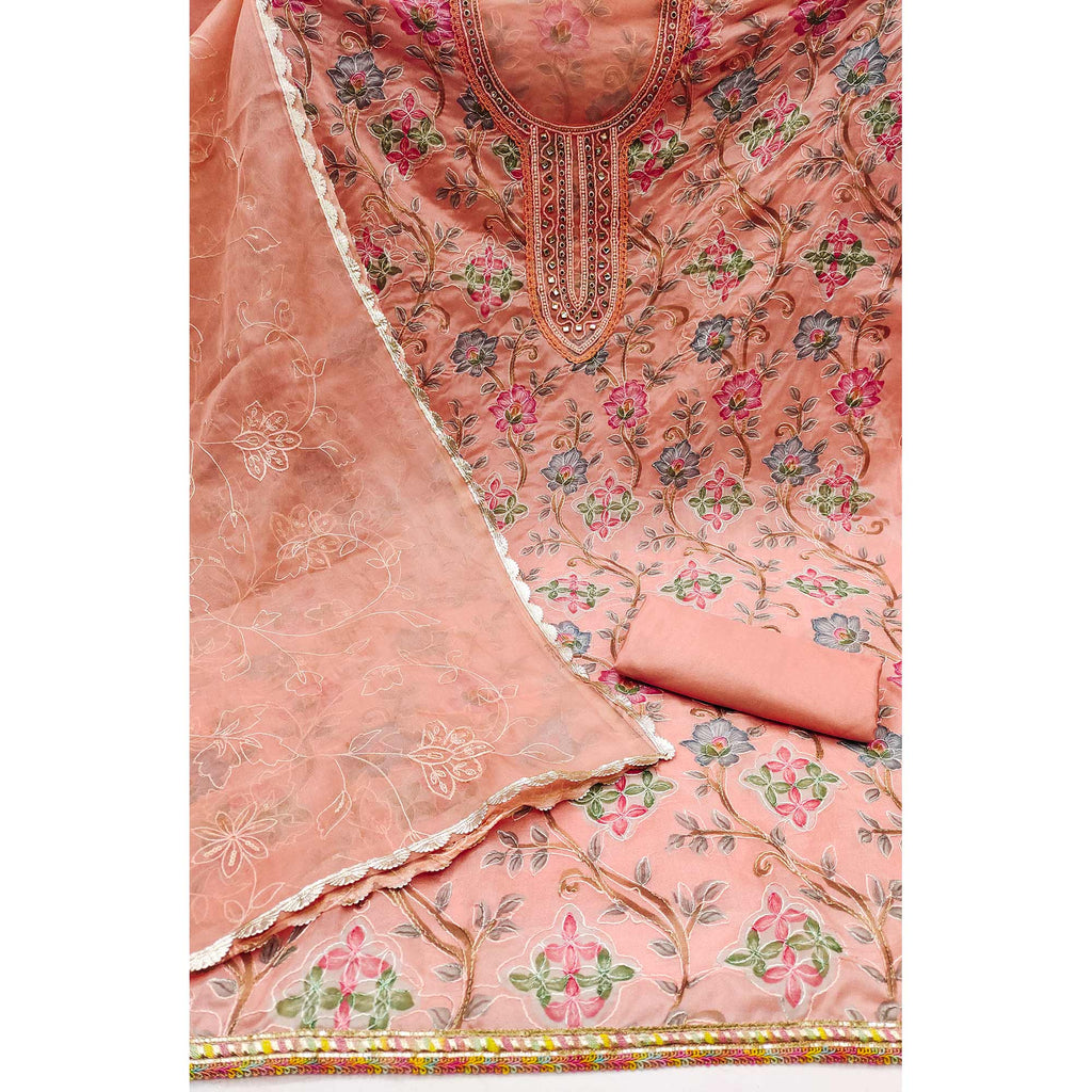 Peach Floral Printed Organza Dress Material