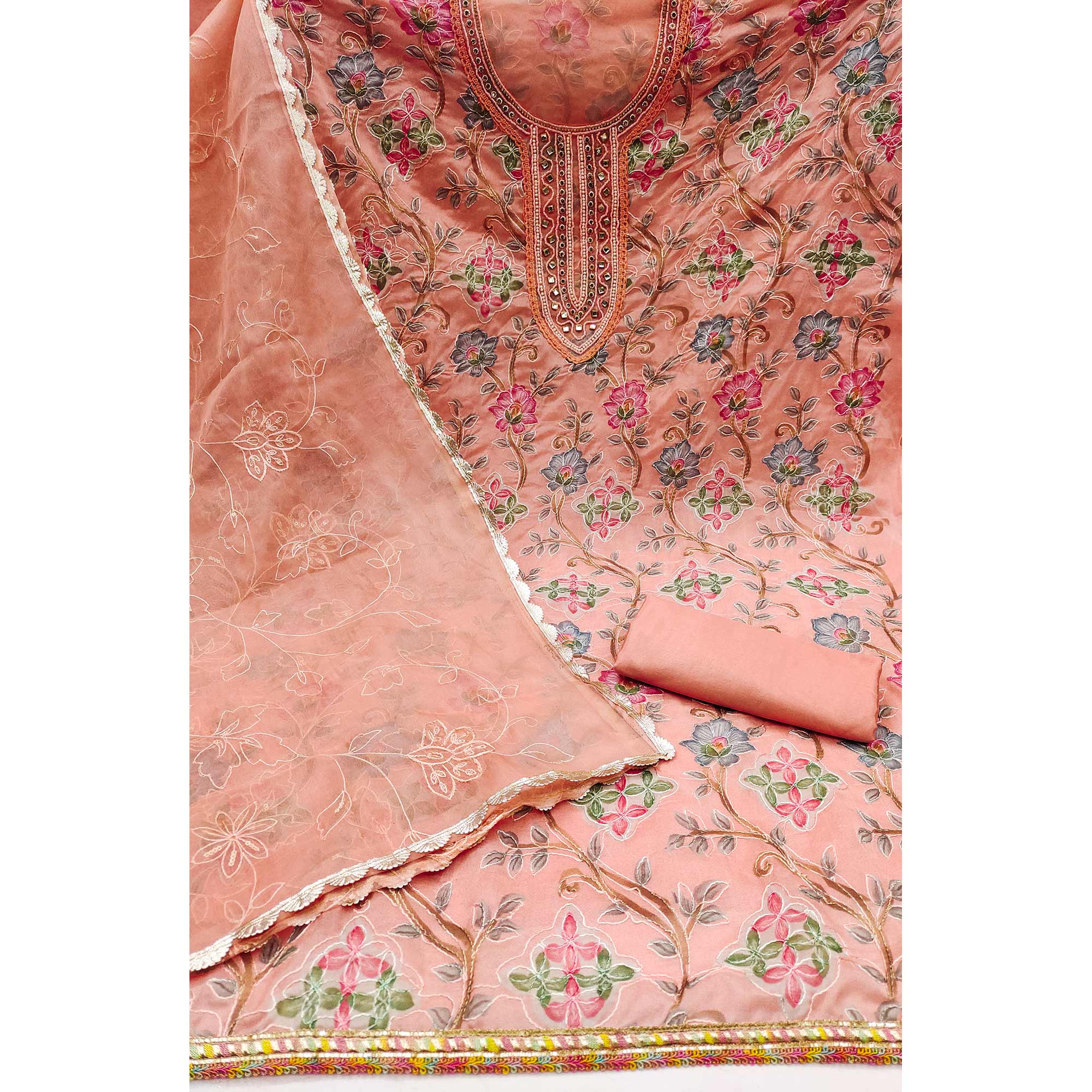 Peach Floral Printed Organza Dress Material