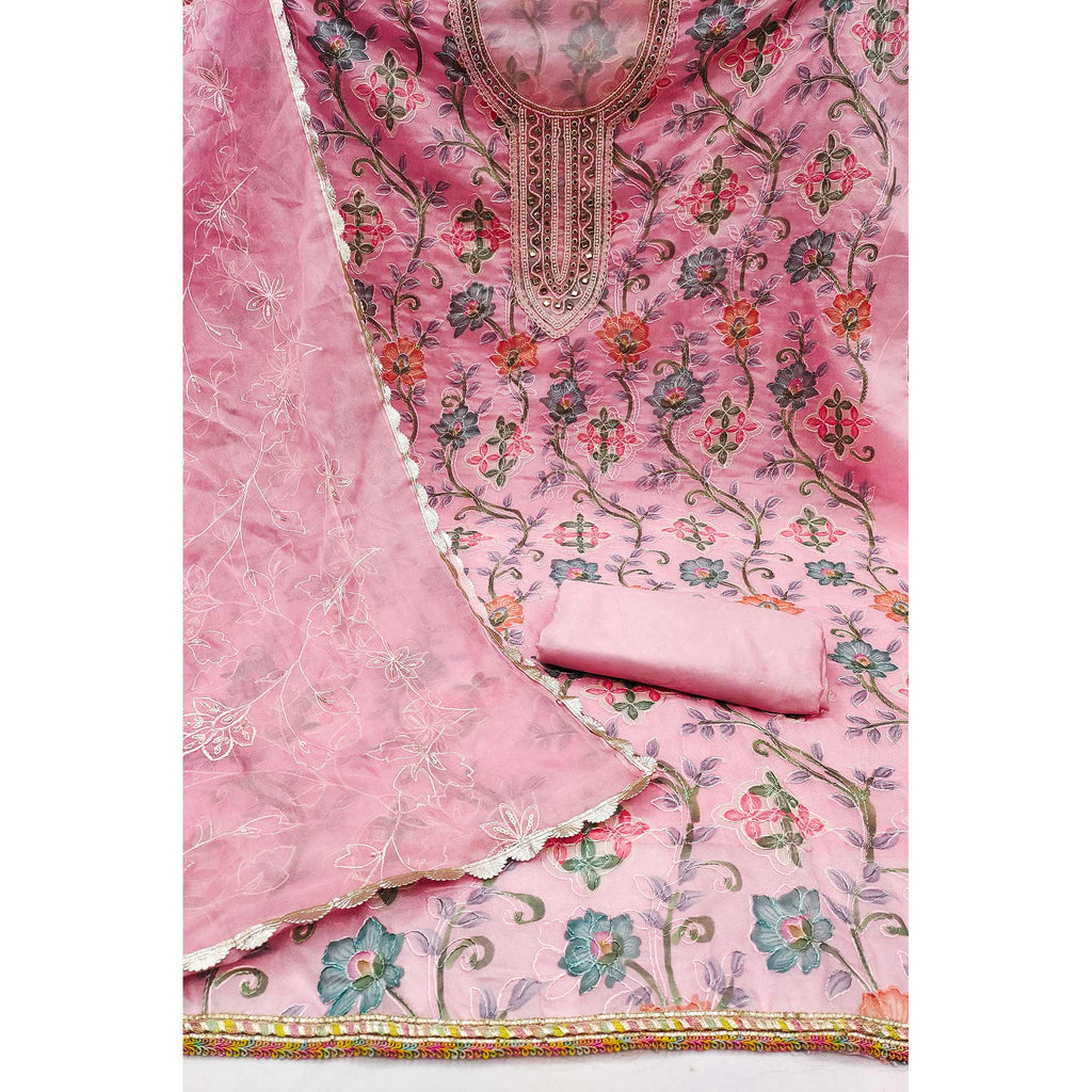Pink Floral Printed Organza Dress Material