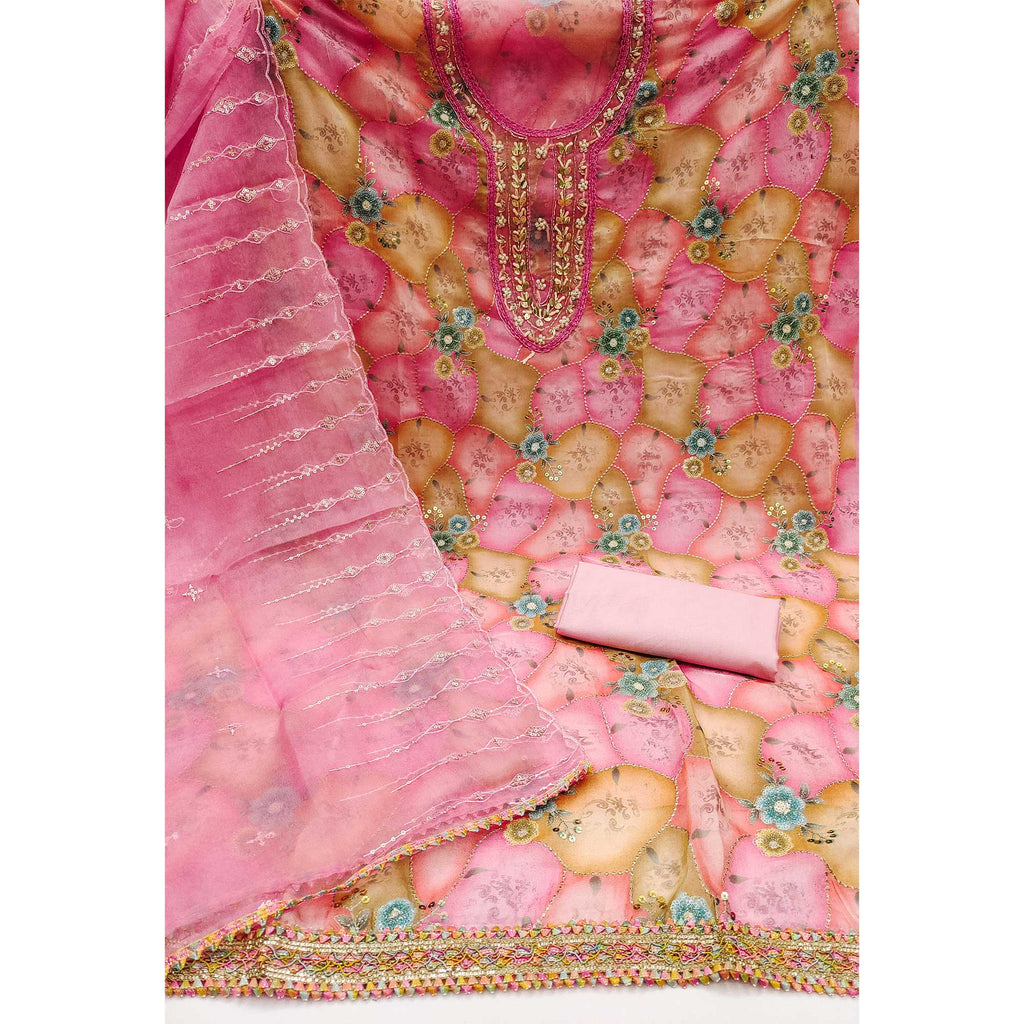 Pink Floral Printed Organza Dress Material