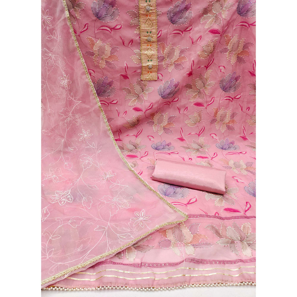 Pink Floral Printed Organza Dress Material