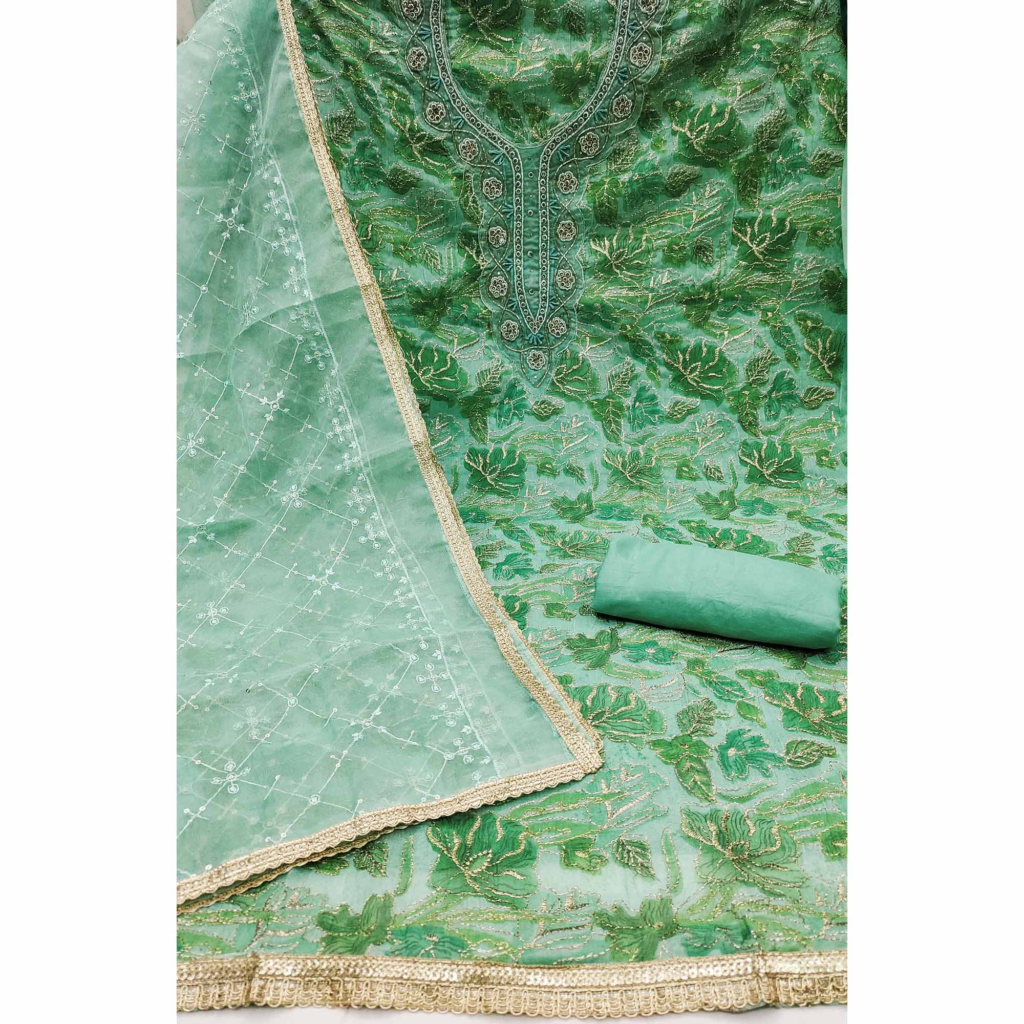 Green Floral Printed Organza Dress Material