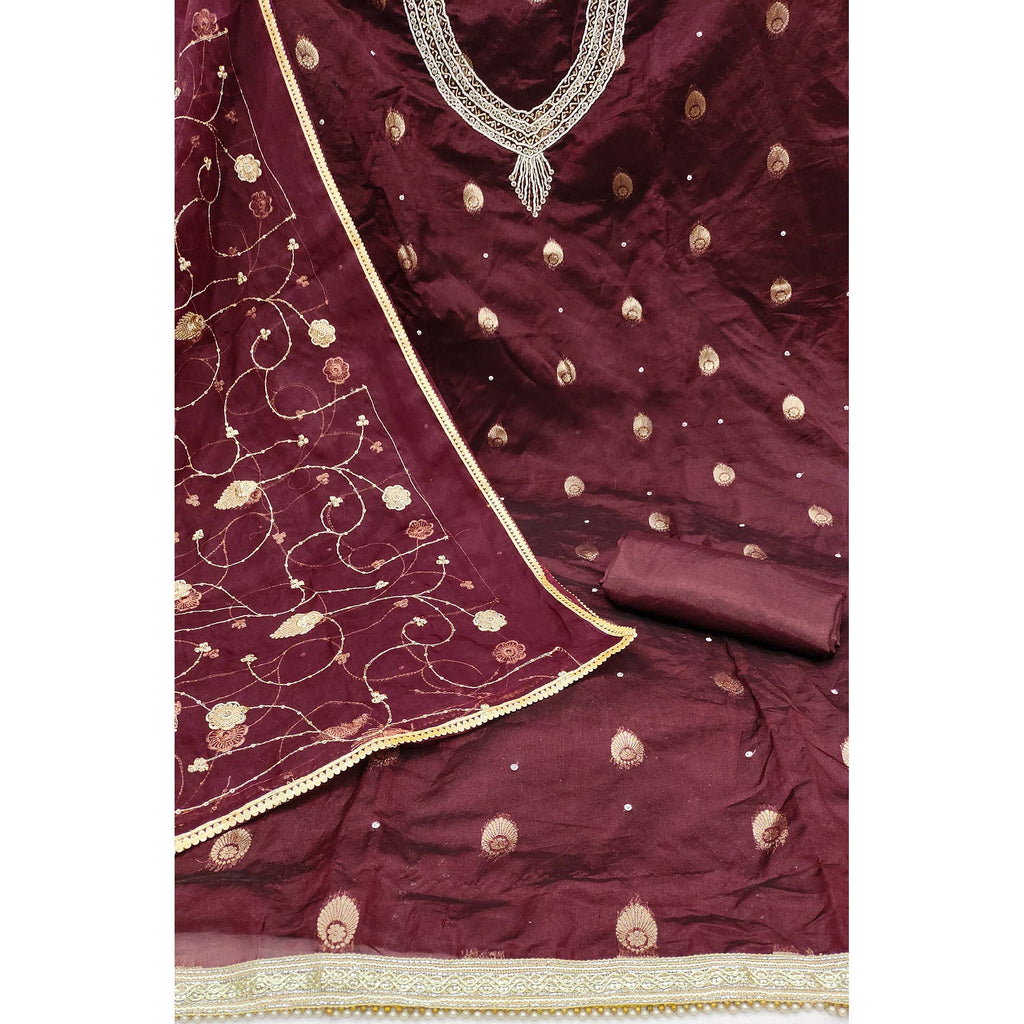 Maroon Floral Woven Organza Dress Material