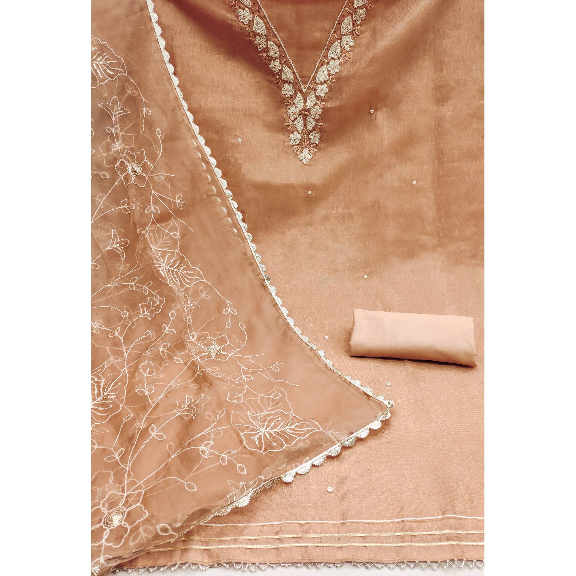 Dusty Peach Embroidered Moti Work Pure Cotton Dress Material