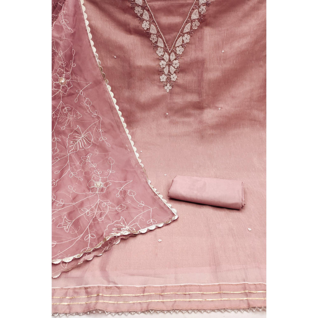 Mauve Embroidered Moti Work Pure Cotton Dress Material