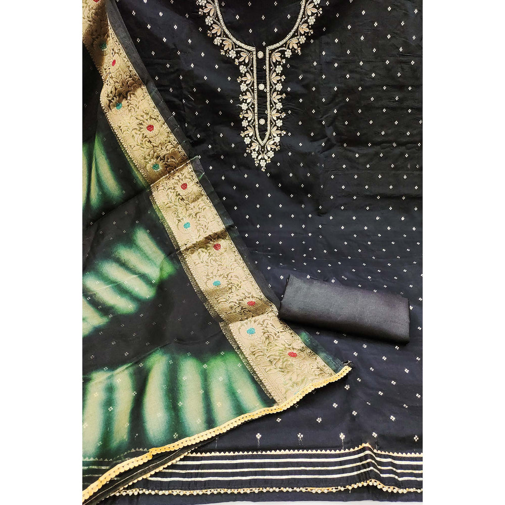 Black Woven With Handwork Chanderi Silk Dress Material