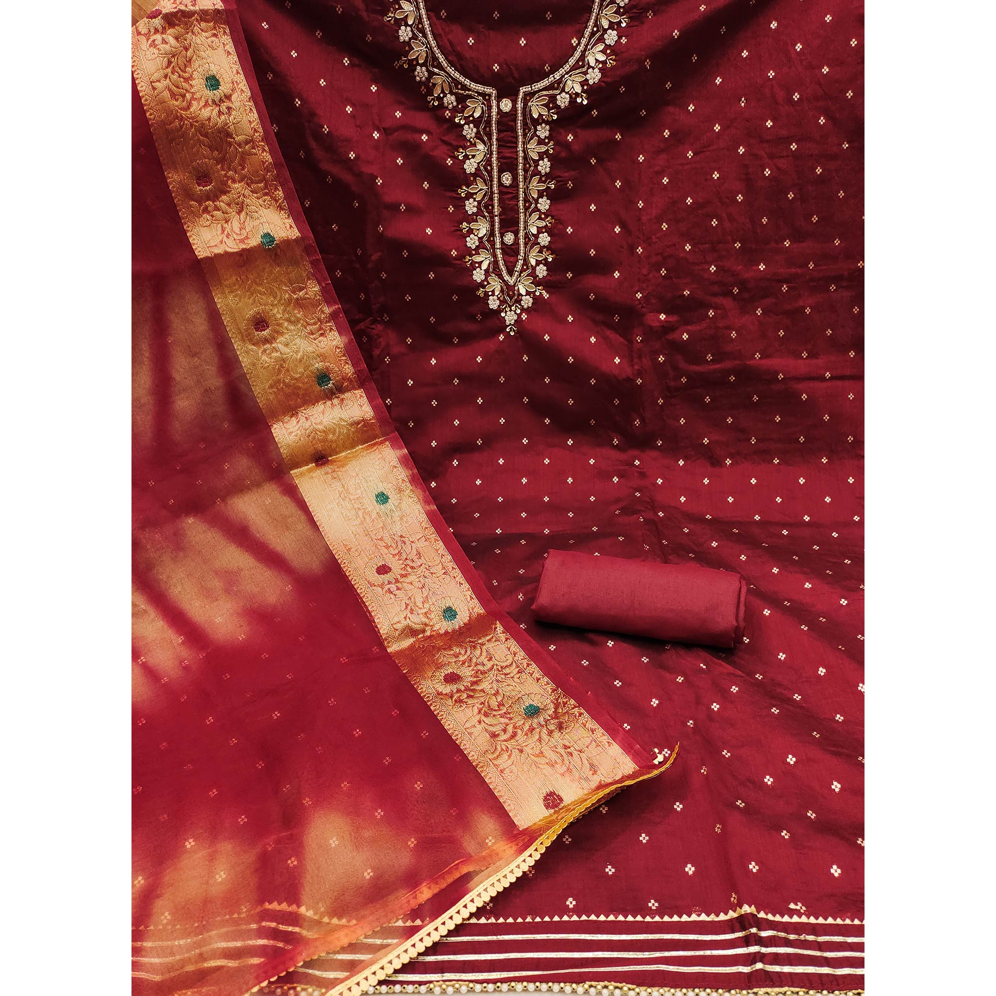 Maroon Woven With Handwork Chanderi Silk Dress Material
