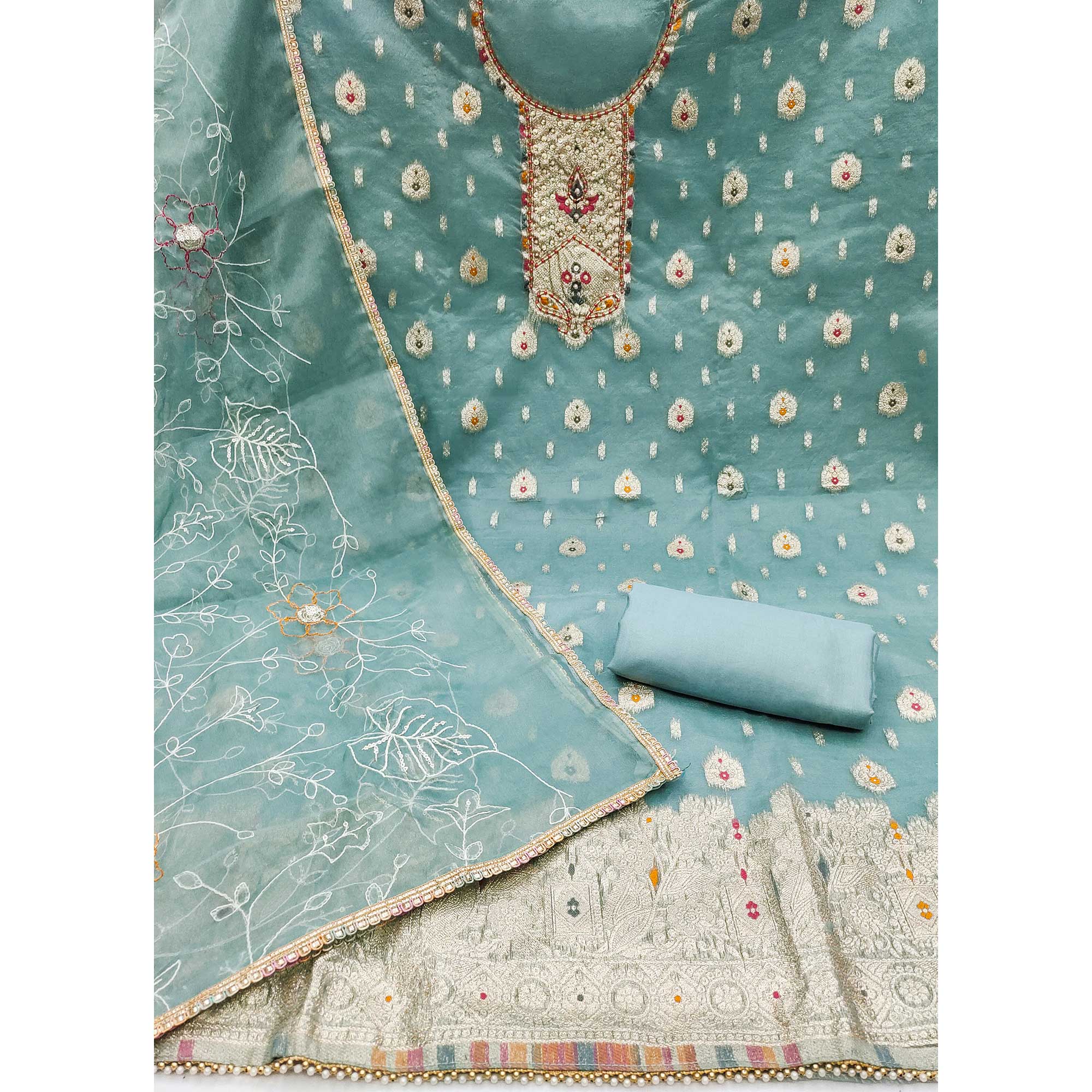 Blue Woven With Handwork Organza Dress Material