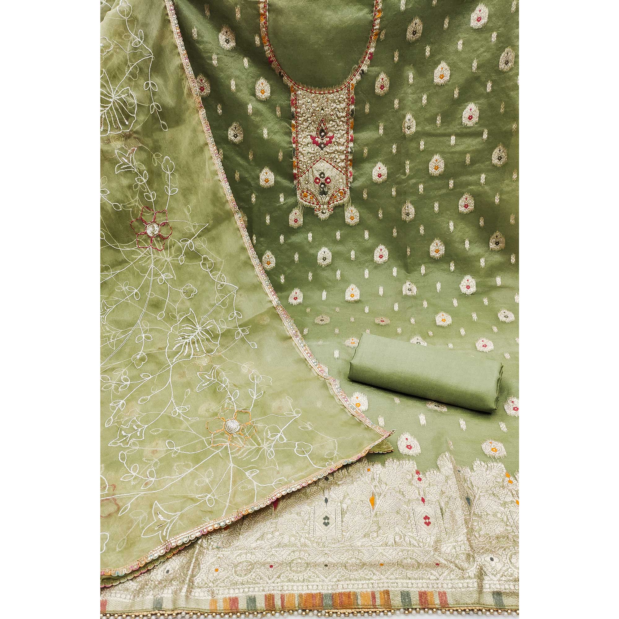 Green Woven With Handwork Organza Dress Material