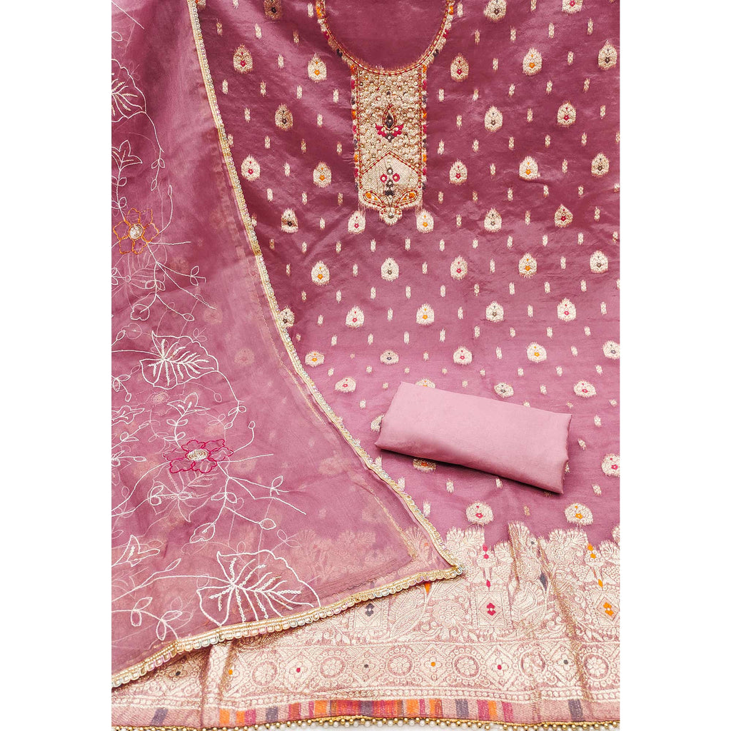 Pink Woven With Handwork Organza Dress Material