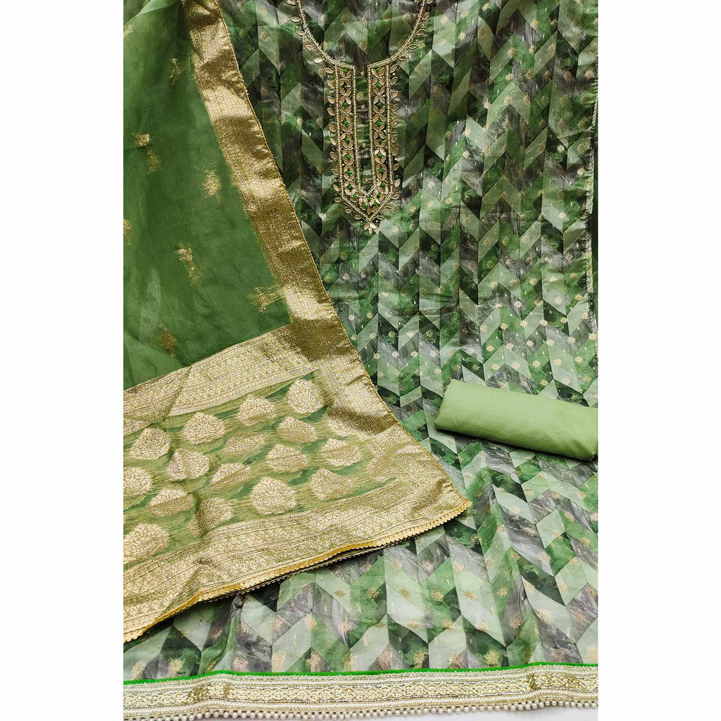 Green Digital Printed With Woven Organza Dress Material