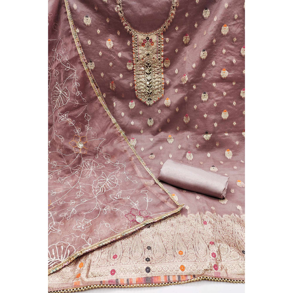 Mauve Woven With Handwork Organza Dress Material