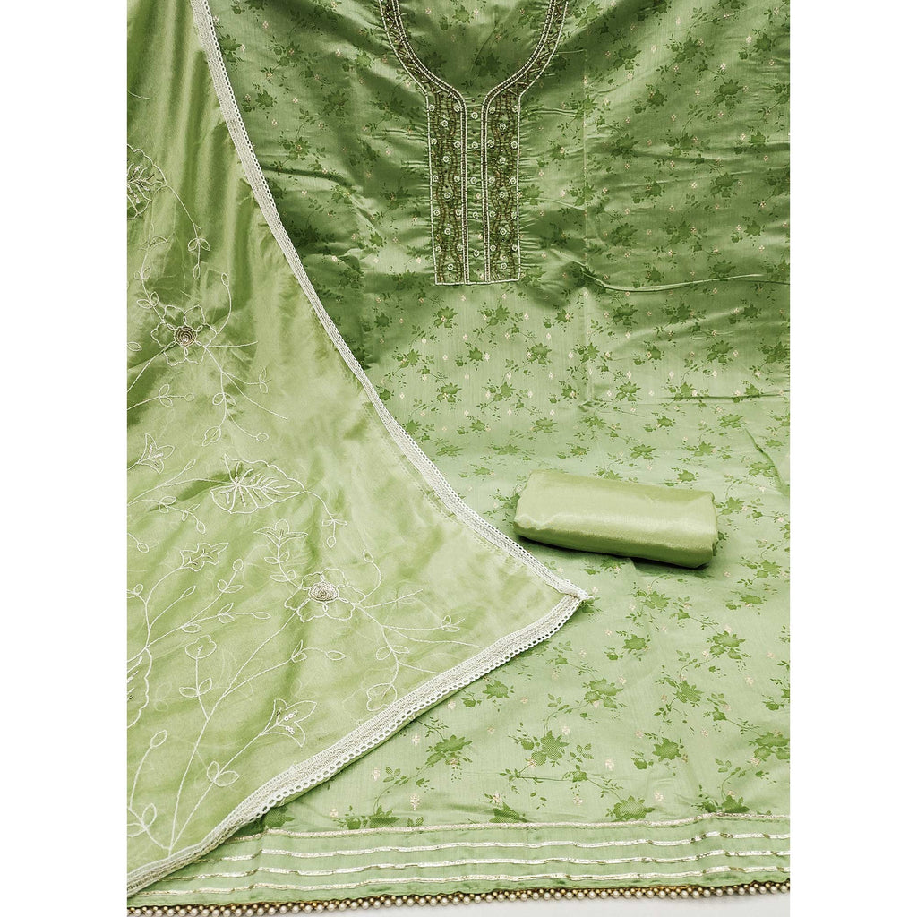 Green Digital Printed With Woven Chanderi Silk Dress Material