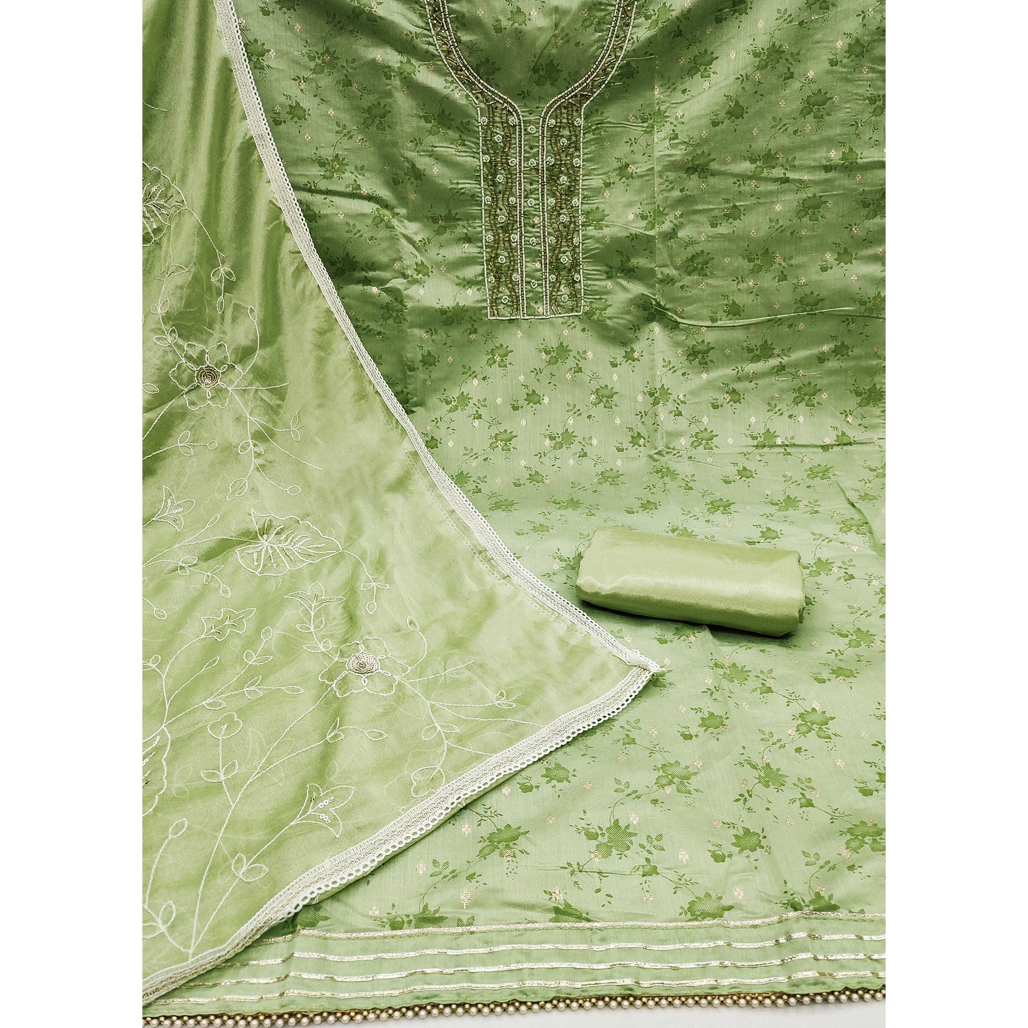 Green Digital Printed With Woven Chanderi Silk Dress Material