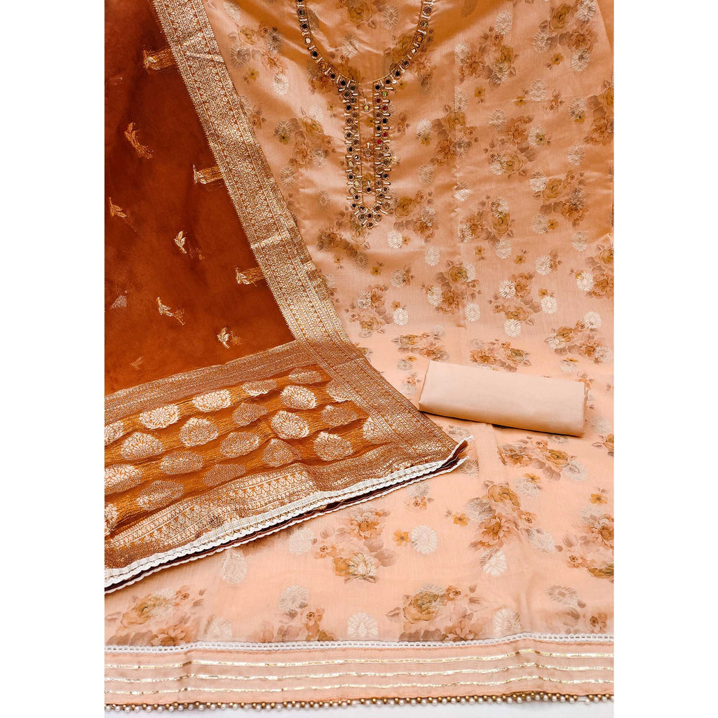 Peach Woven With Digital Printed Chanderi Silk Dress Material