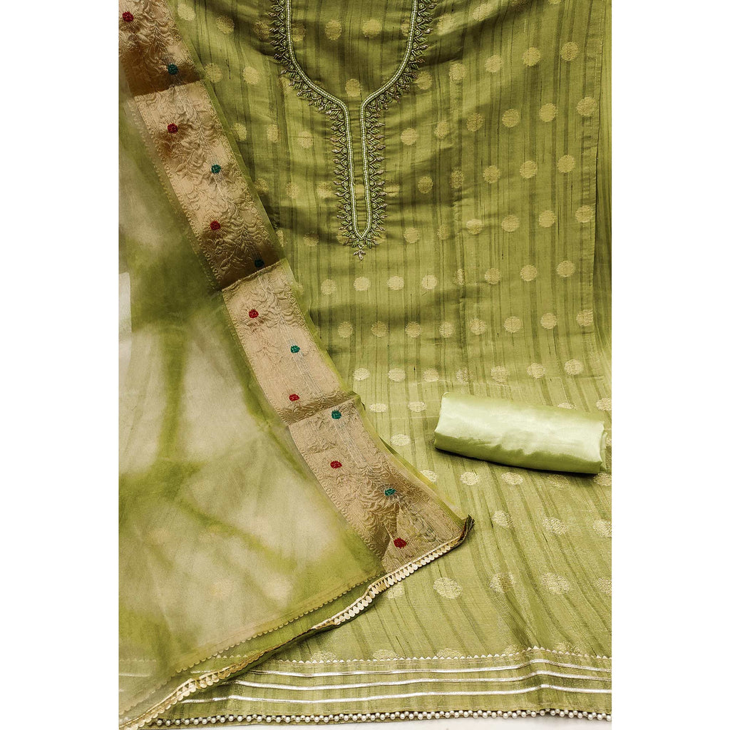 Green Woven Chanderi Silk Dress Material