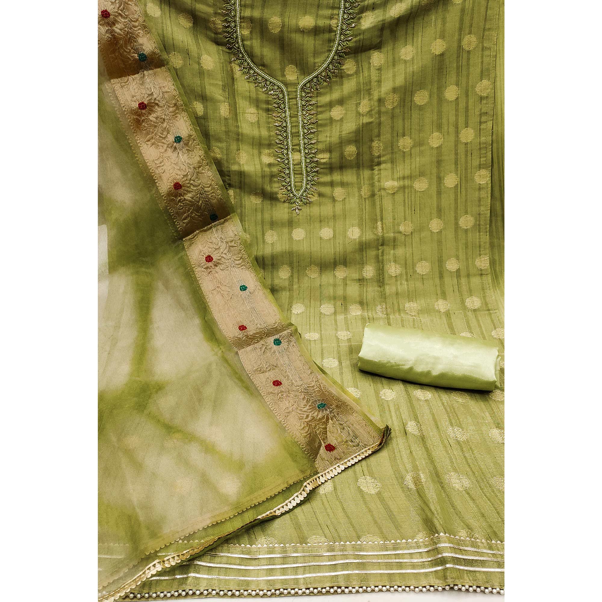 Green Woven Chanderi Silk Dress Material