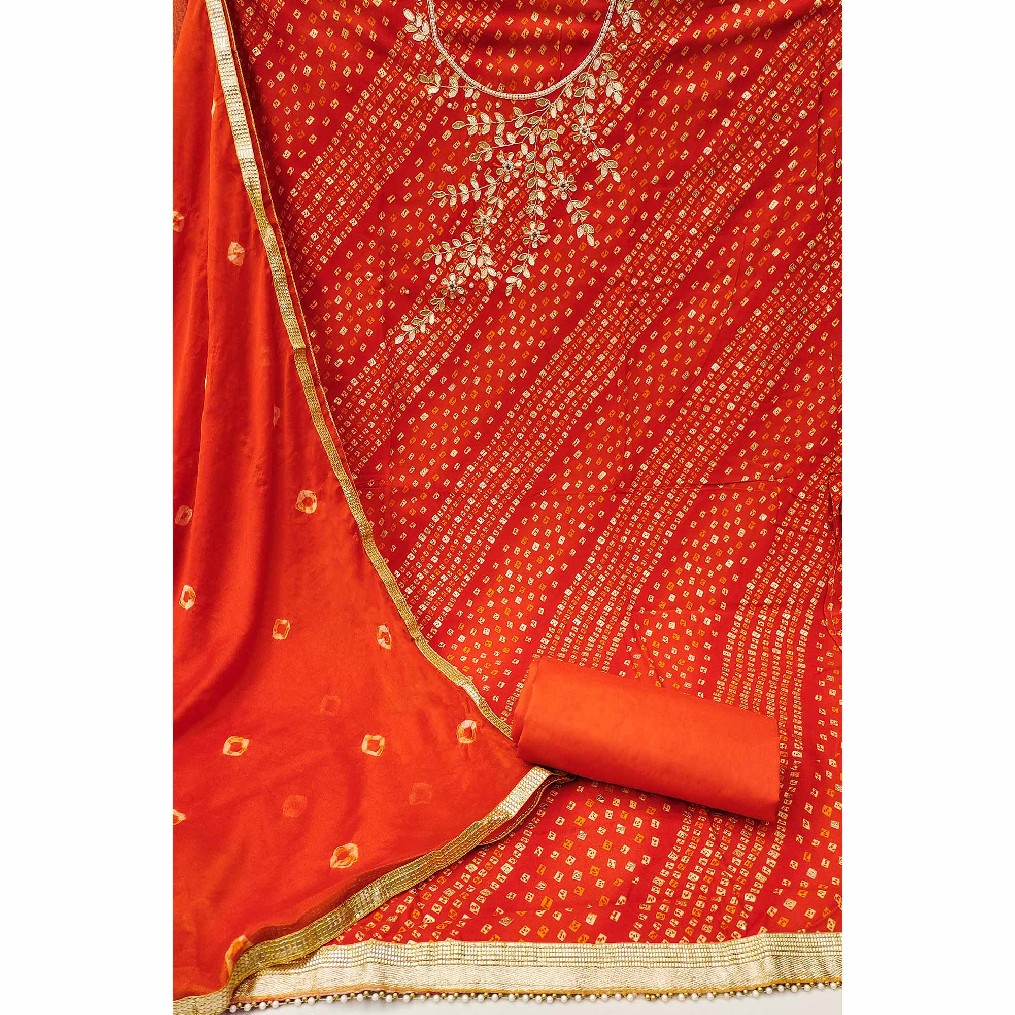 Orange Bandhani Printed With Handwork Pure Cotton Dress Material