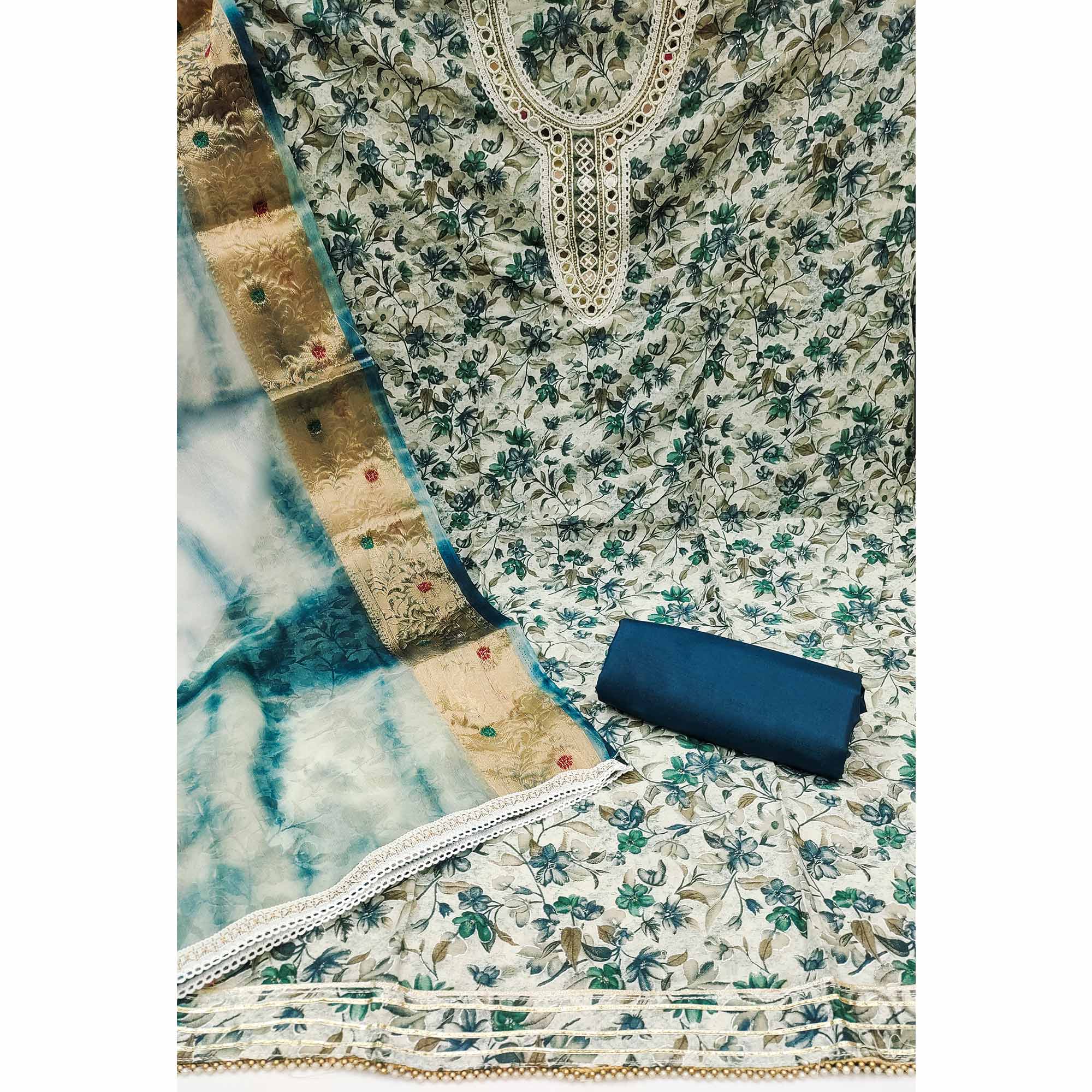 Cream & Blue Floral Digital Printed With Handwork Pure Cotton Dress Material