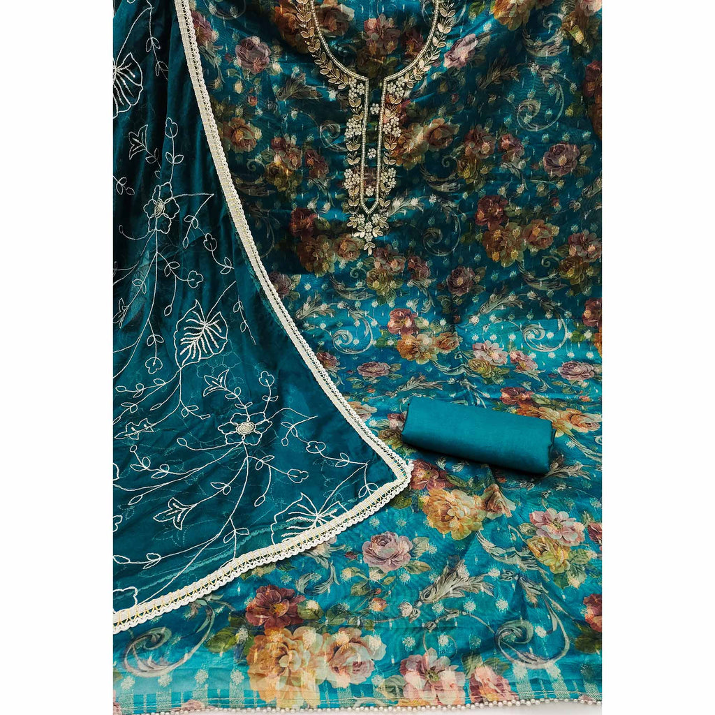 Morpich Floral Digital Printed With Moti Work Organza Dress Material