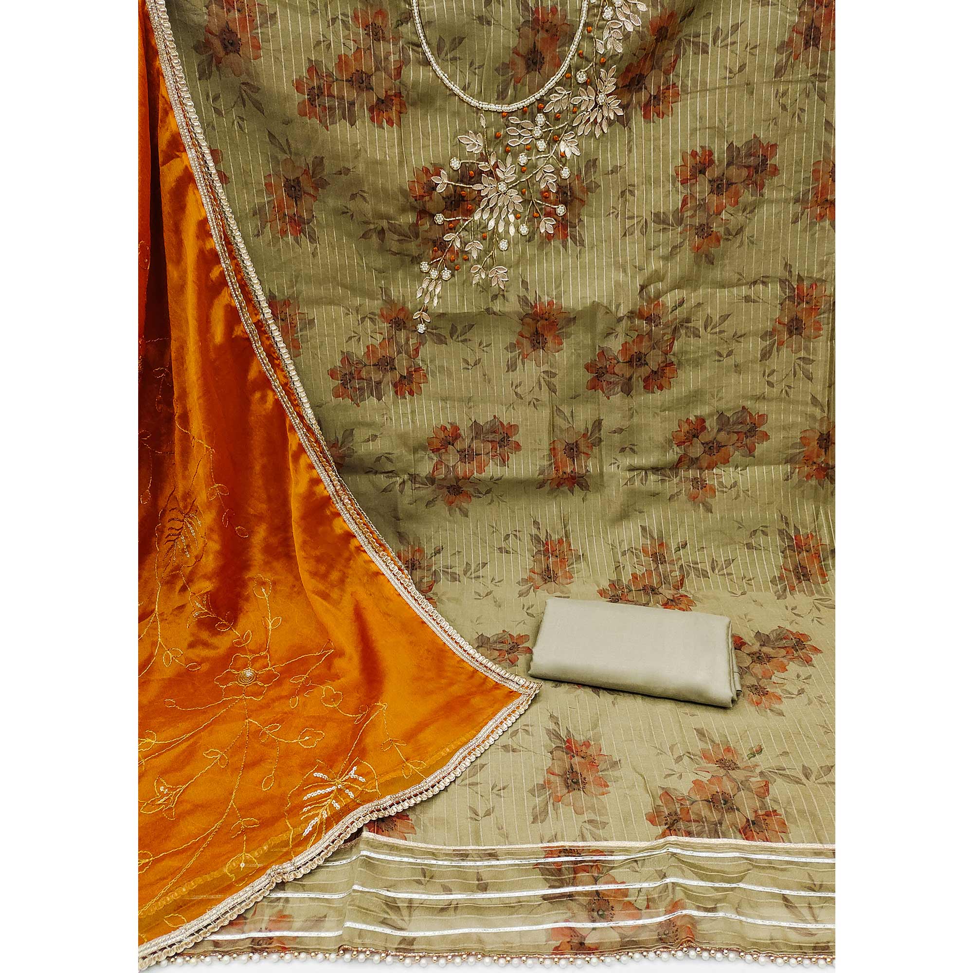 Green & Orange Floral Digital Printed With Handwork Chanderi Silk Dress Material