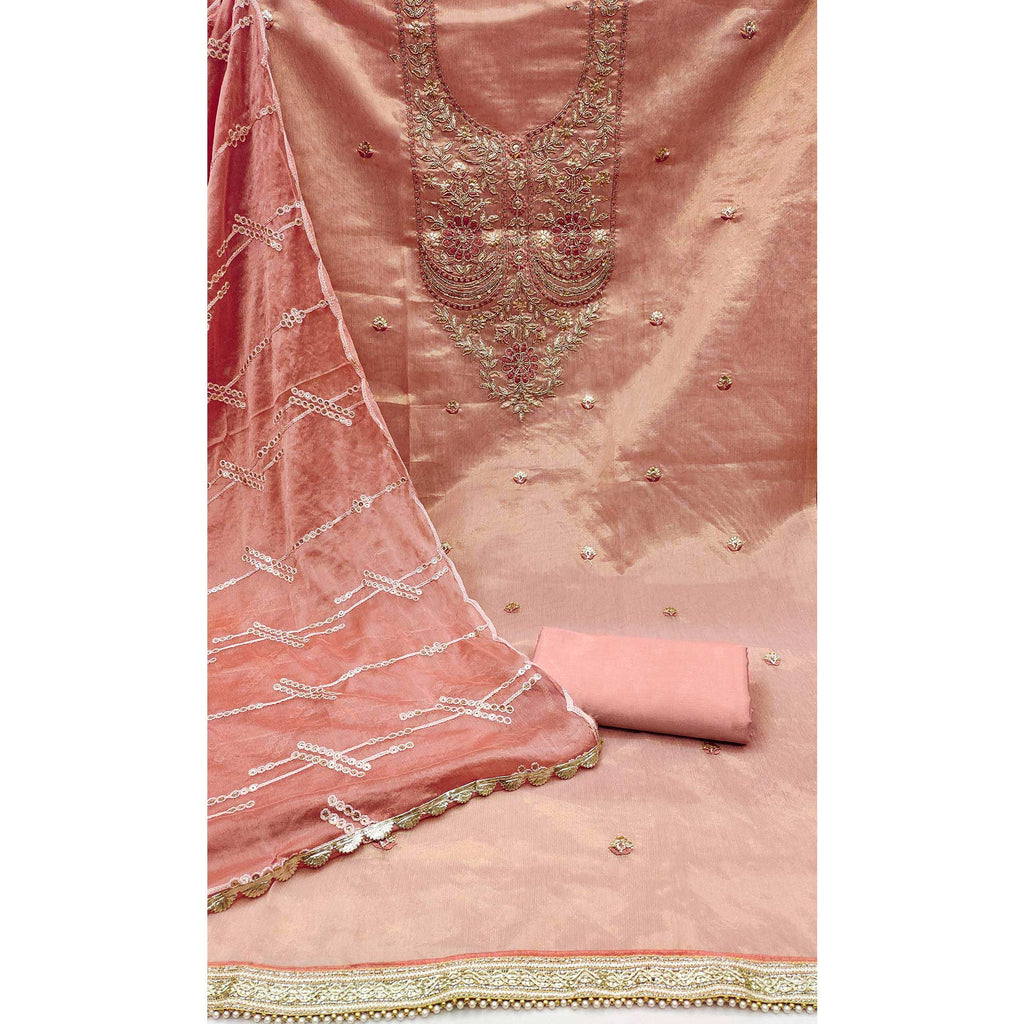 Peach Embroidered Viscose Dress Material