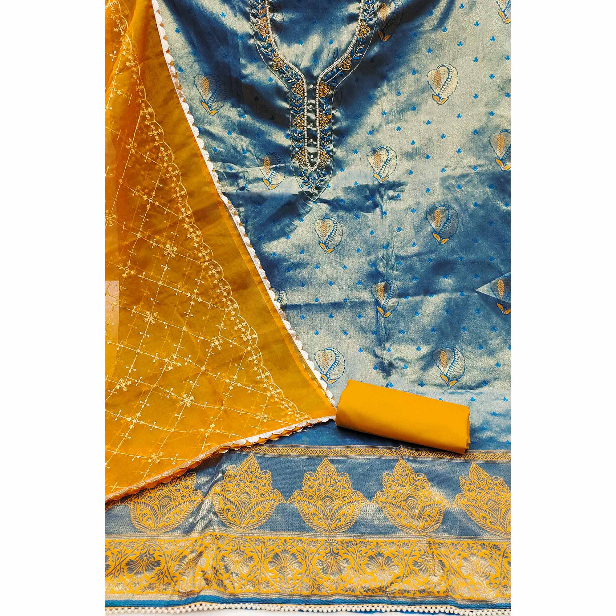 Blue Woven Banarasi Silk Dress Material