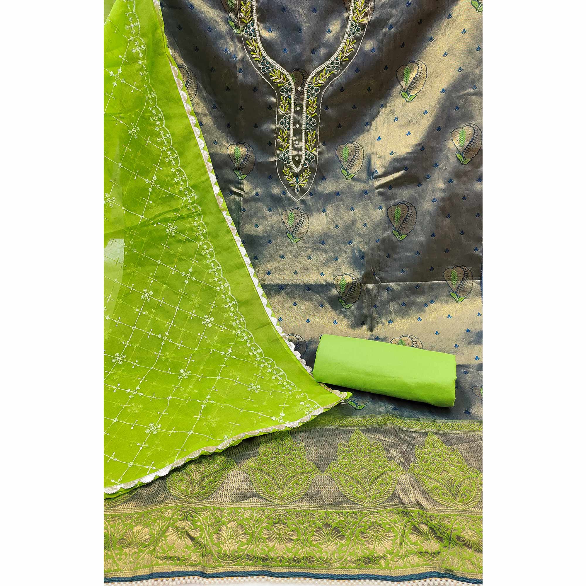 Dark Green Woven Banarasi Silk Dress Material