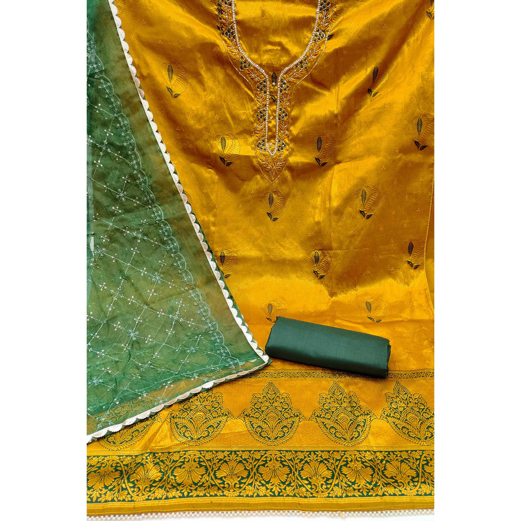 Mustard Woven Banarasi Silk Dress Material