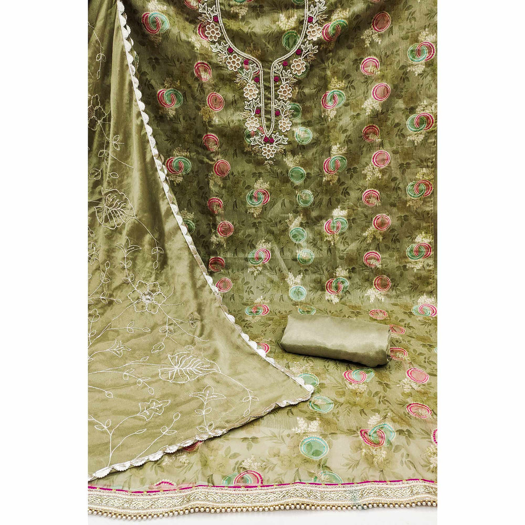 Mehandi Green Woven Chanderi Silk Dress Material