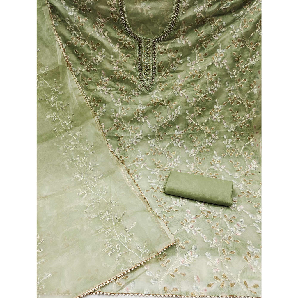 Green Embroidered Organza Dress Material