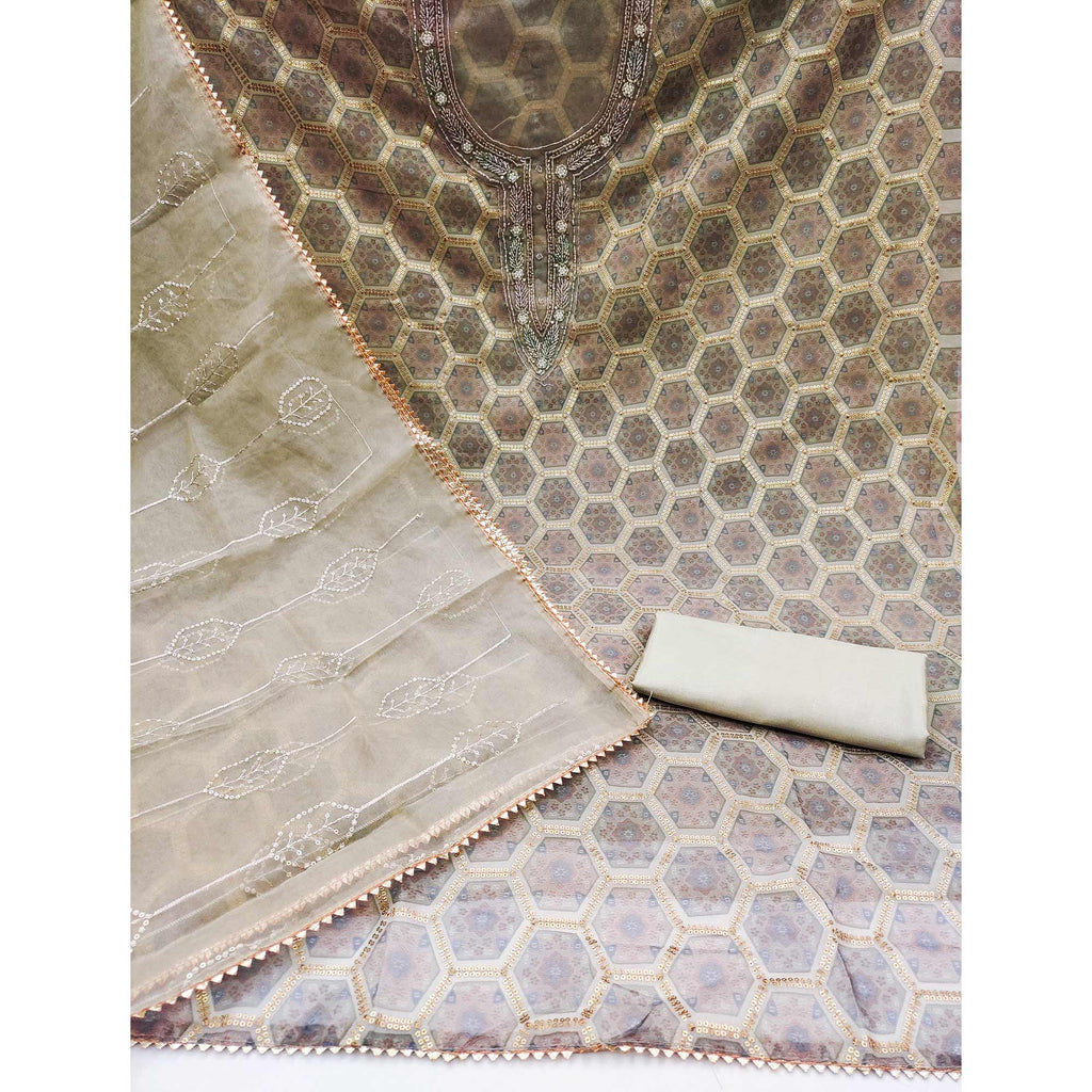 Beige Printed Organza Dress Material