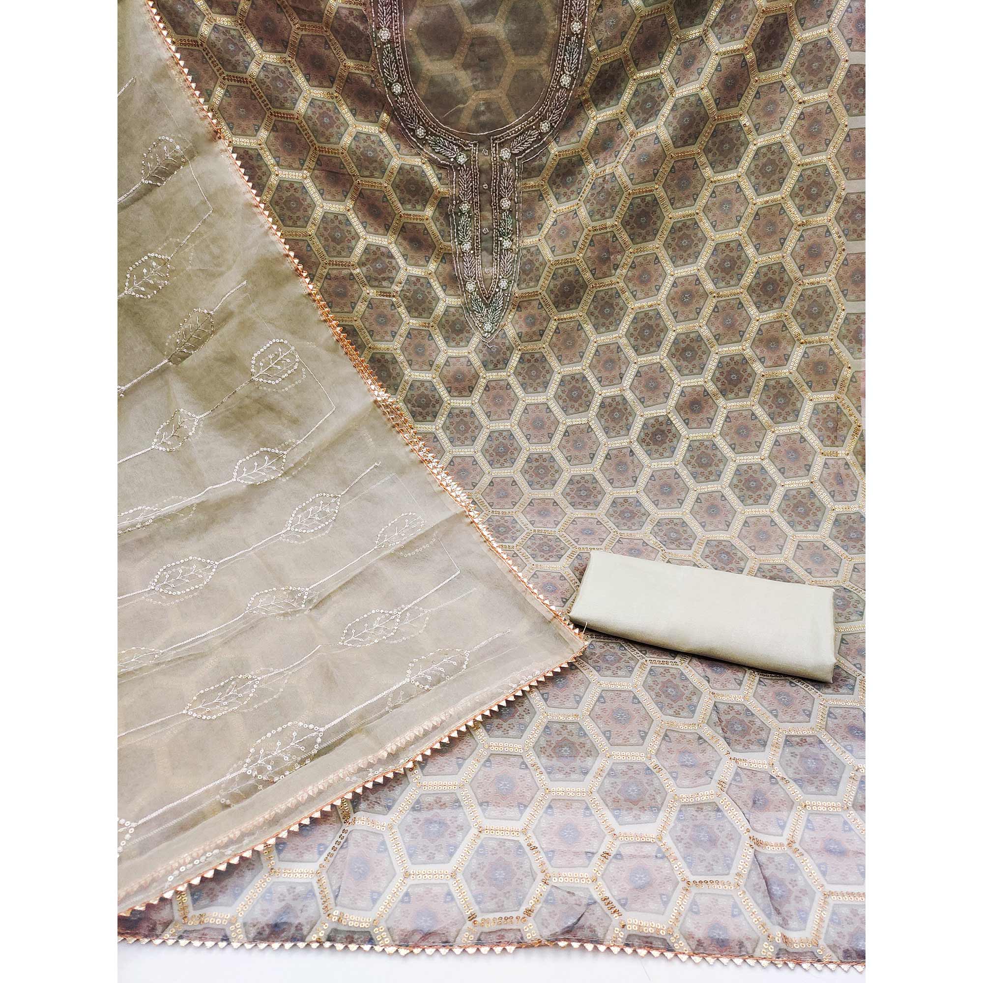 Beige Printed Organza Dress Material