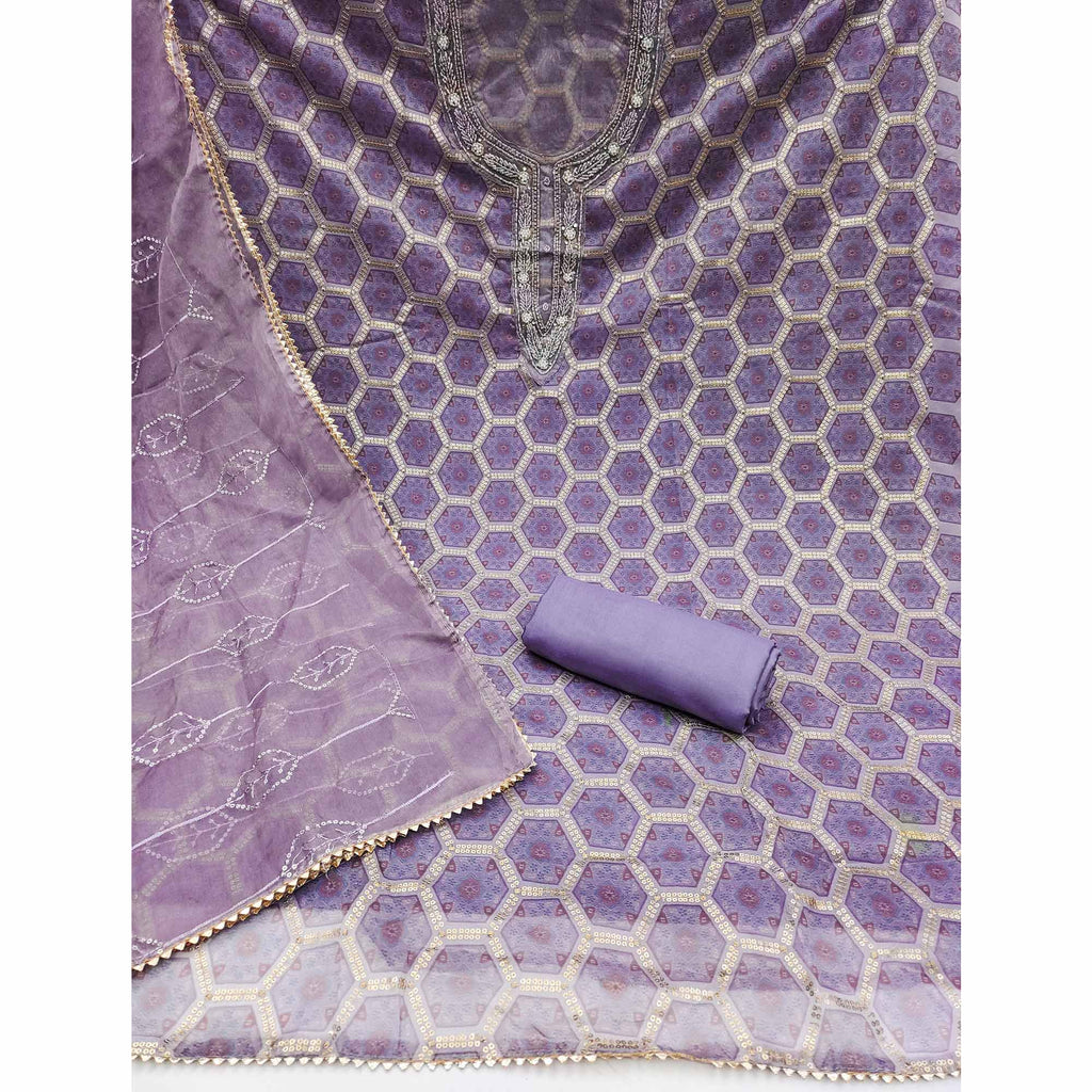 Lavender Printed Organza Dress Material