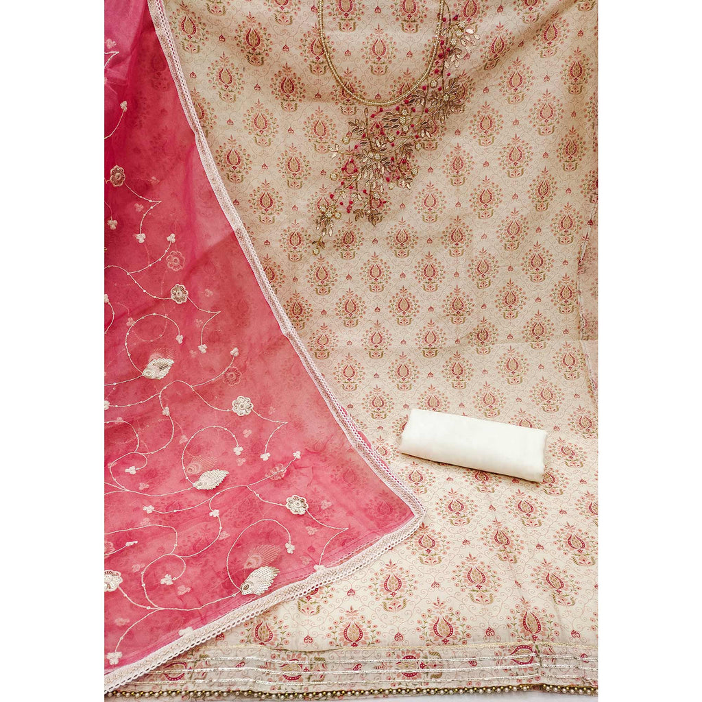 Off White & Gajri Pink Printed Chanderi Silk Dress Material