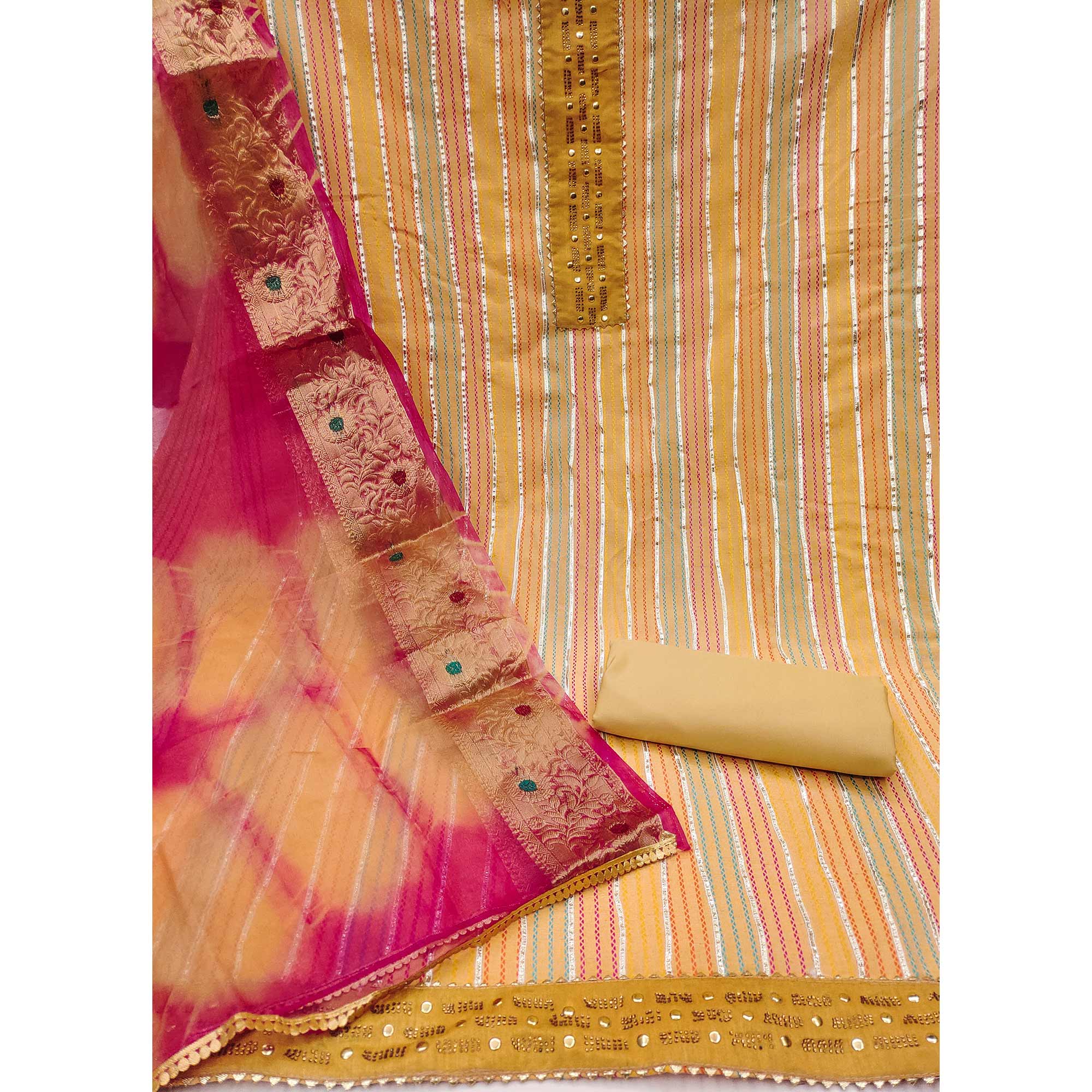 Beige Striped Woven Pure Cotton Dress Material