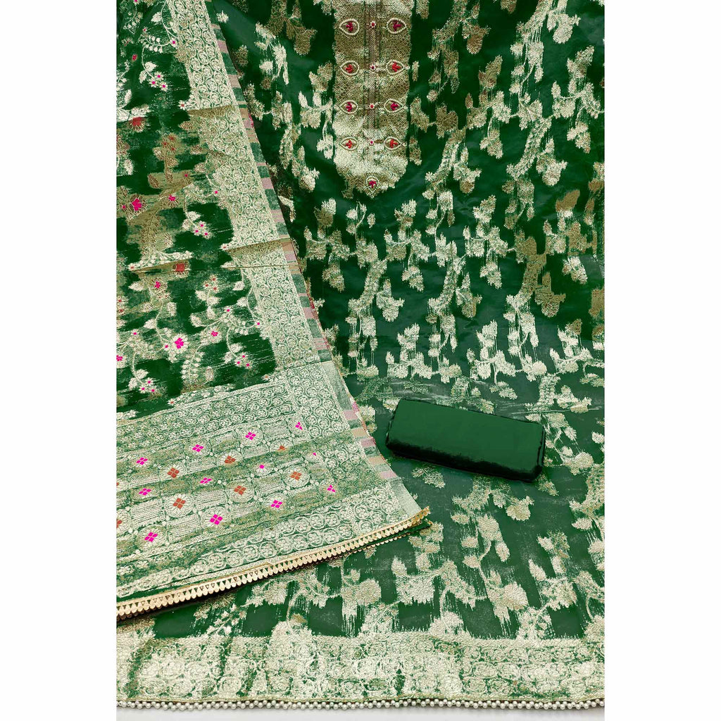 Green Woven Organza Dress Material