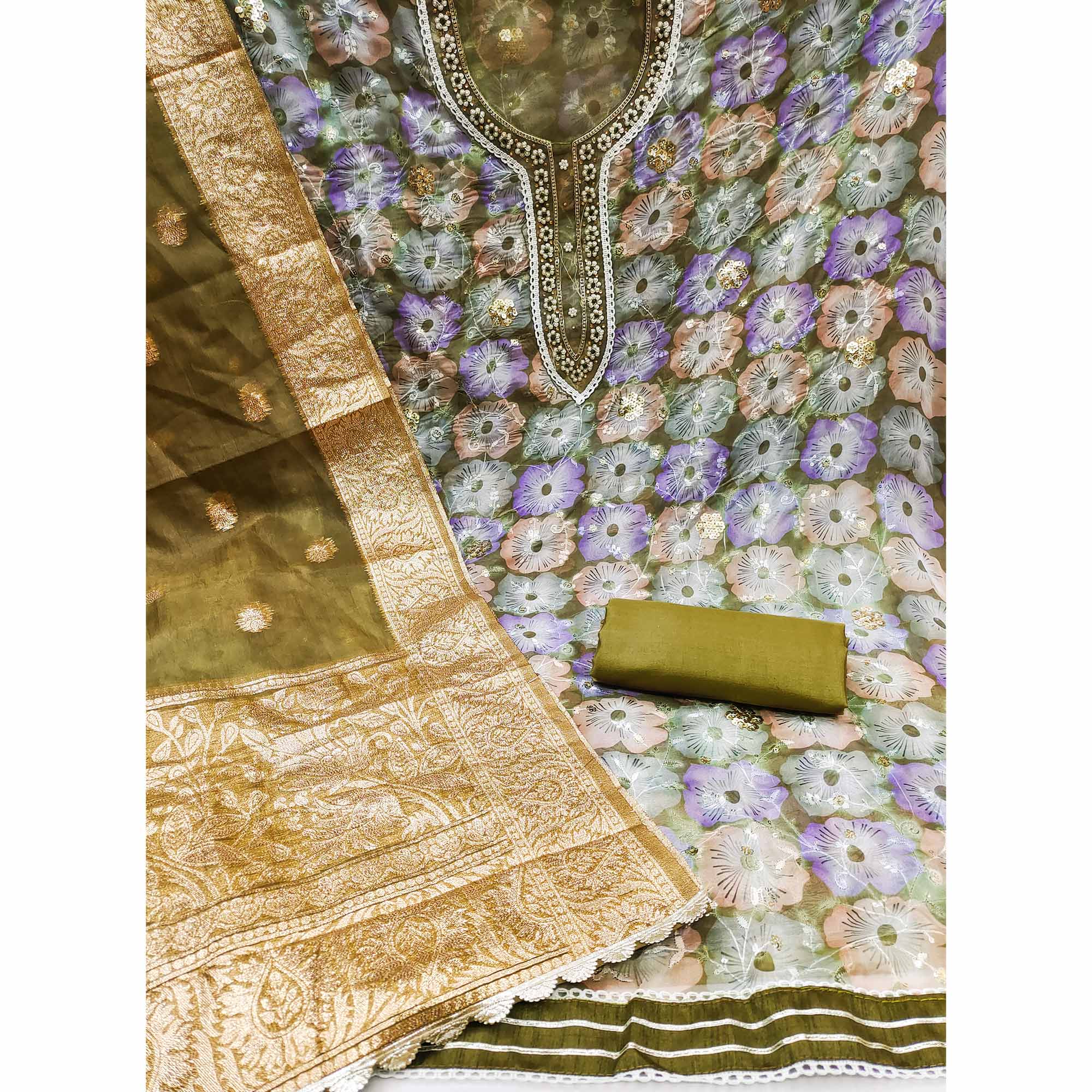 Olive Green Floral Printed With Embroidered Organza Dress Material