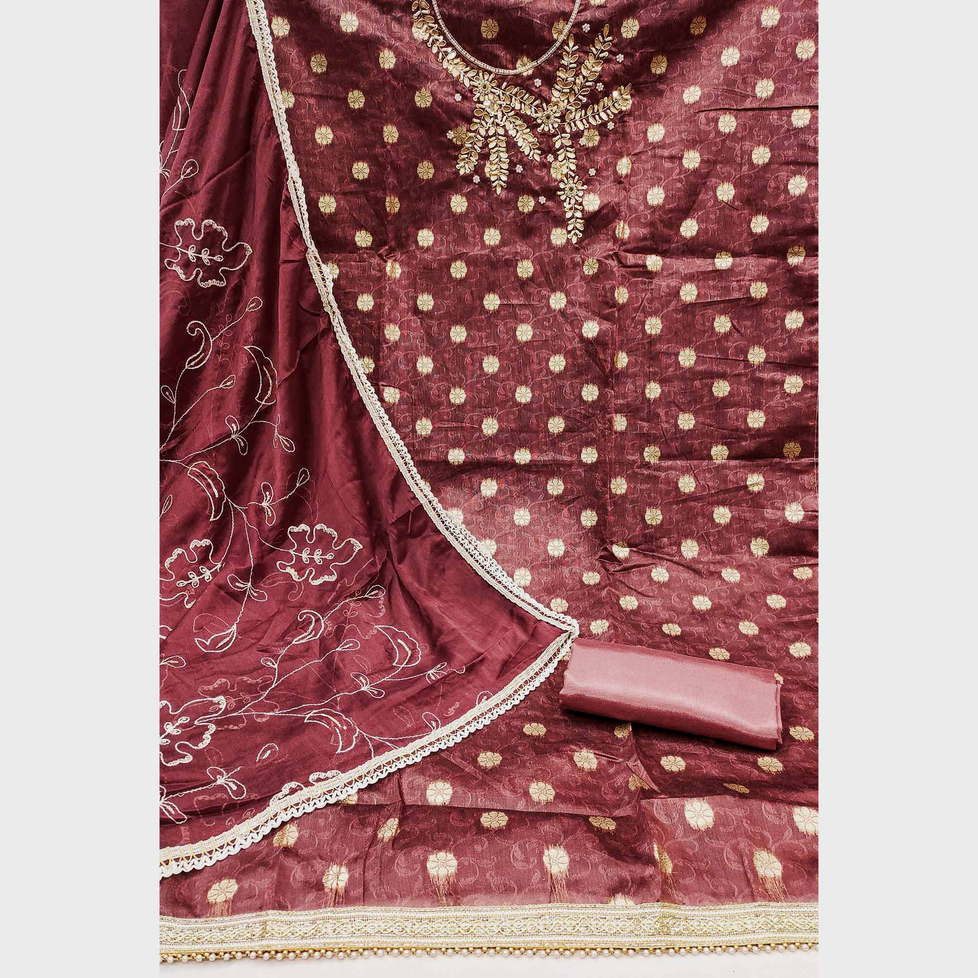 Maroon Woven Banarasi Silk Dress Material