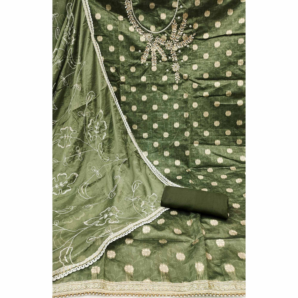 Mehandi Green Woven Banarasi Silk Dress Material