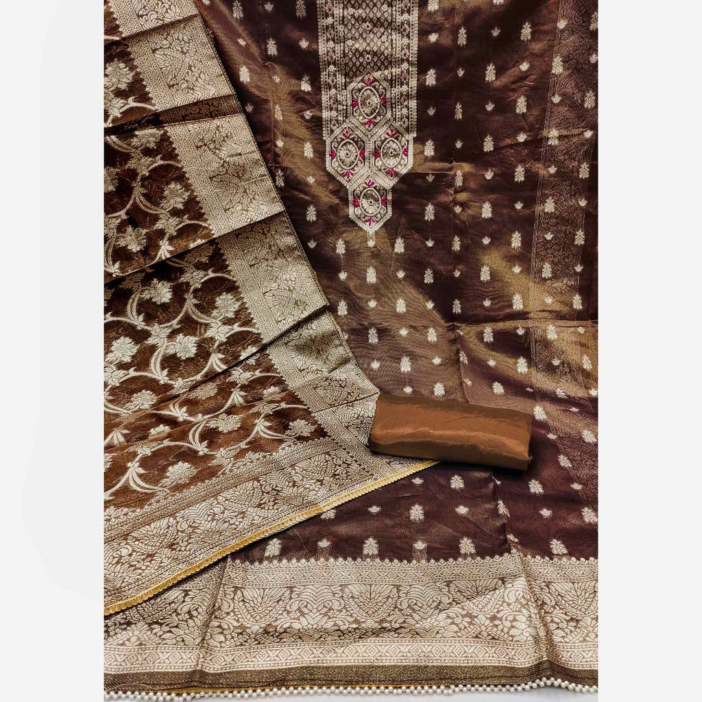 Brown Woven Banarasi Silk Dress Material