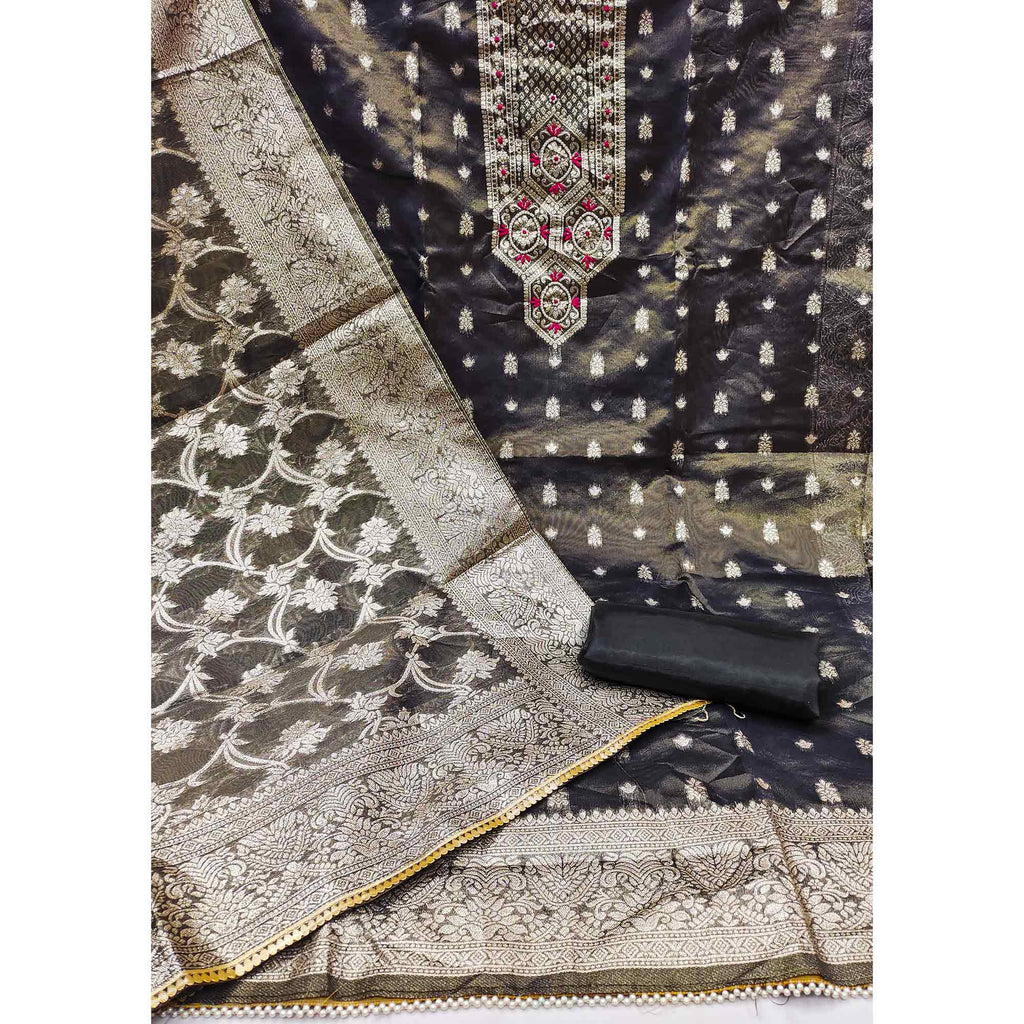 Grey Woven Banarasi Silk Dress Material