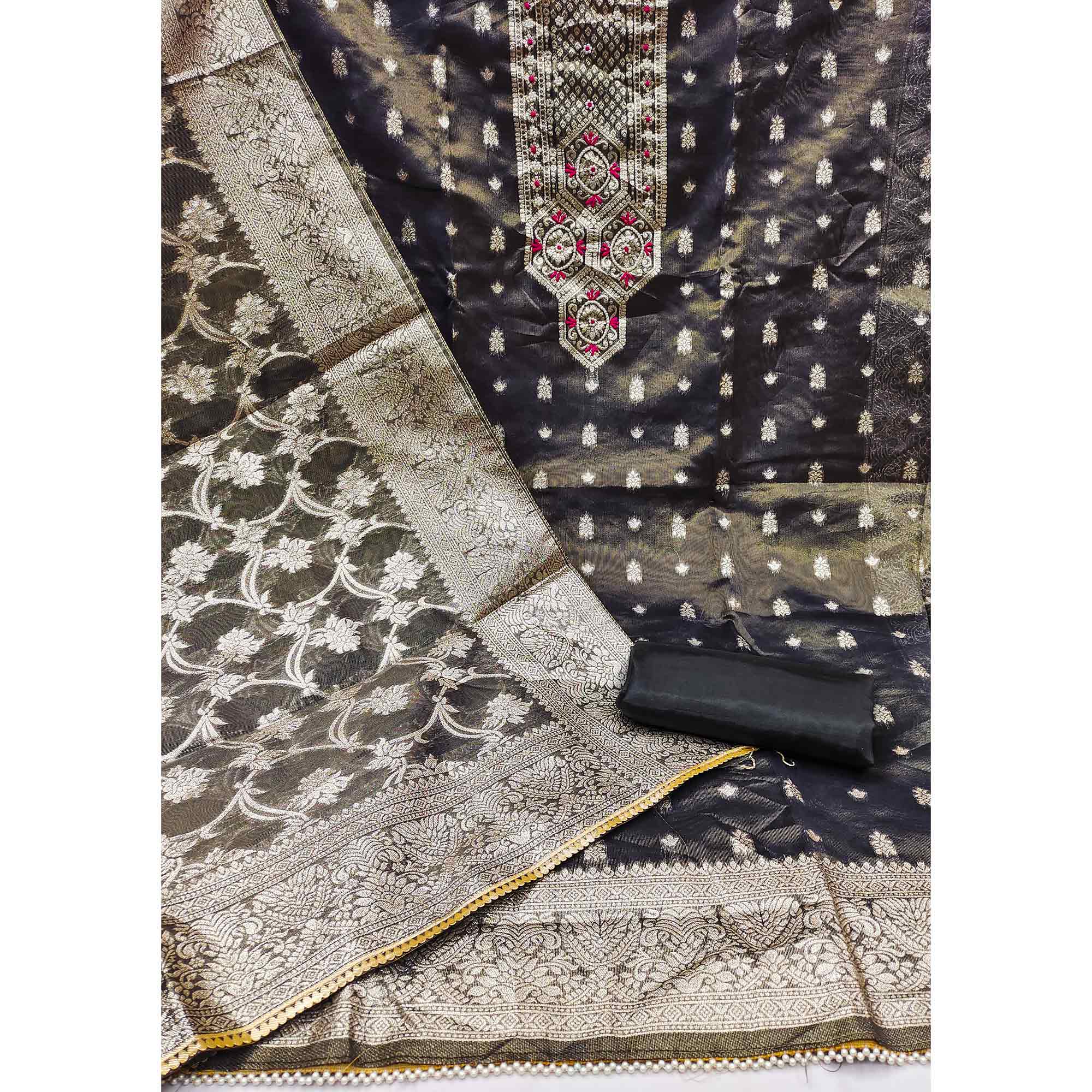 Grey Woven Banarasi Silk Dress Material
